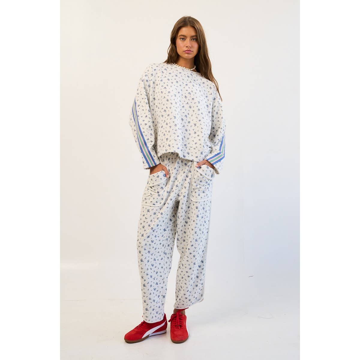 Floral Sweatshirt with Retro Striped Sleeve