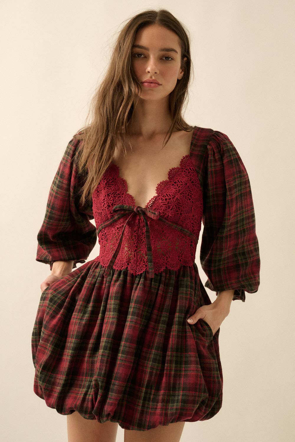 Plaid and Lace Puff-Sleeve Bubble Mini Dress