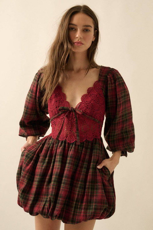 Plaid and Lace Puff-Sleeve Bubble Mini Dress