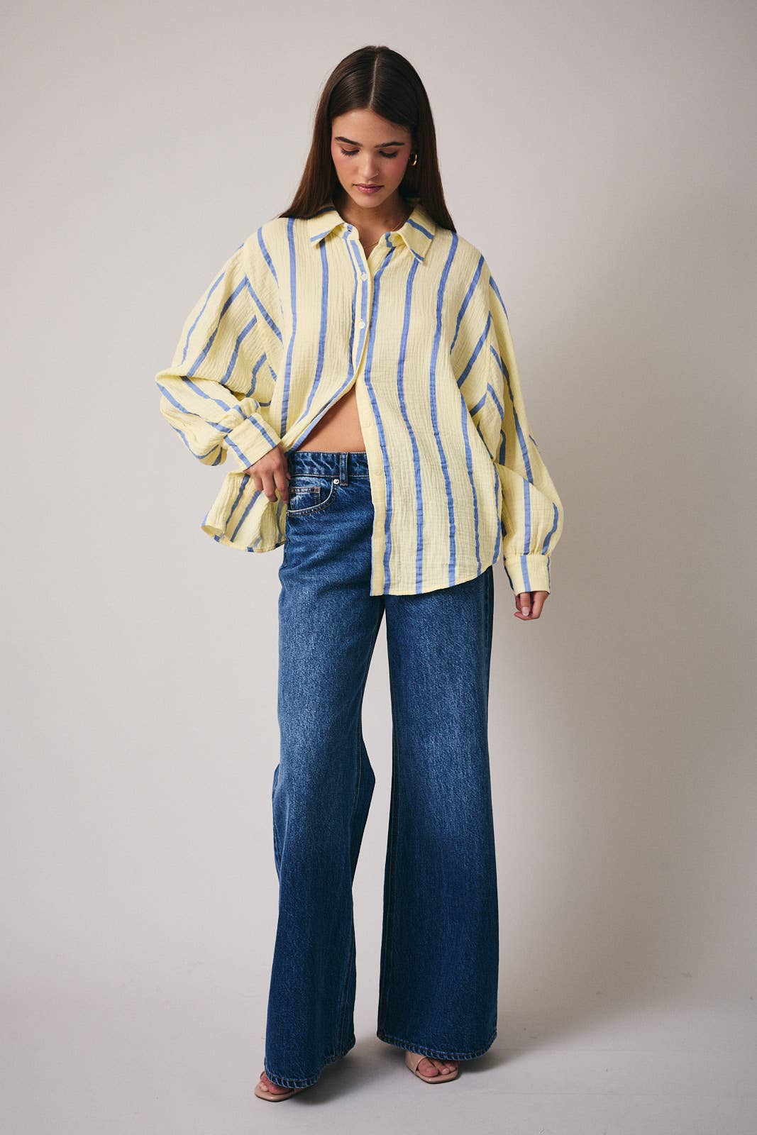 DOLMAN LONG SLEEVE BUTTON DOWN DOUBLE GAUZE STRIPE SHIRT