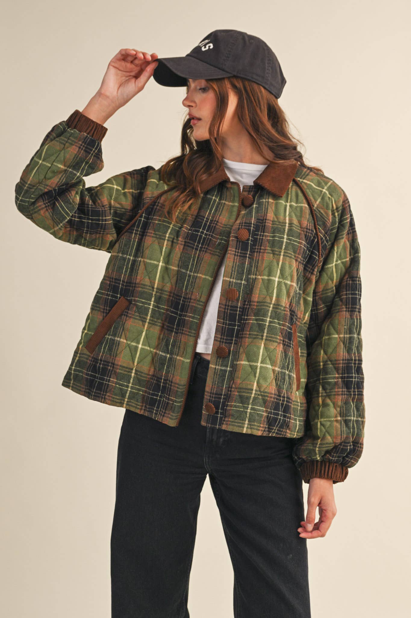 Plaid Quilted Jacket Olive