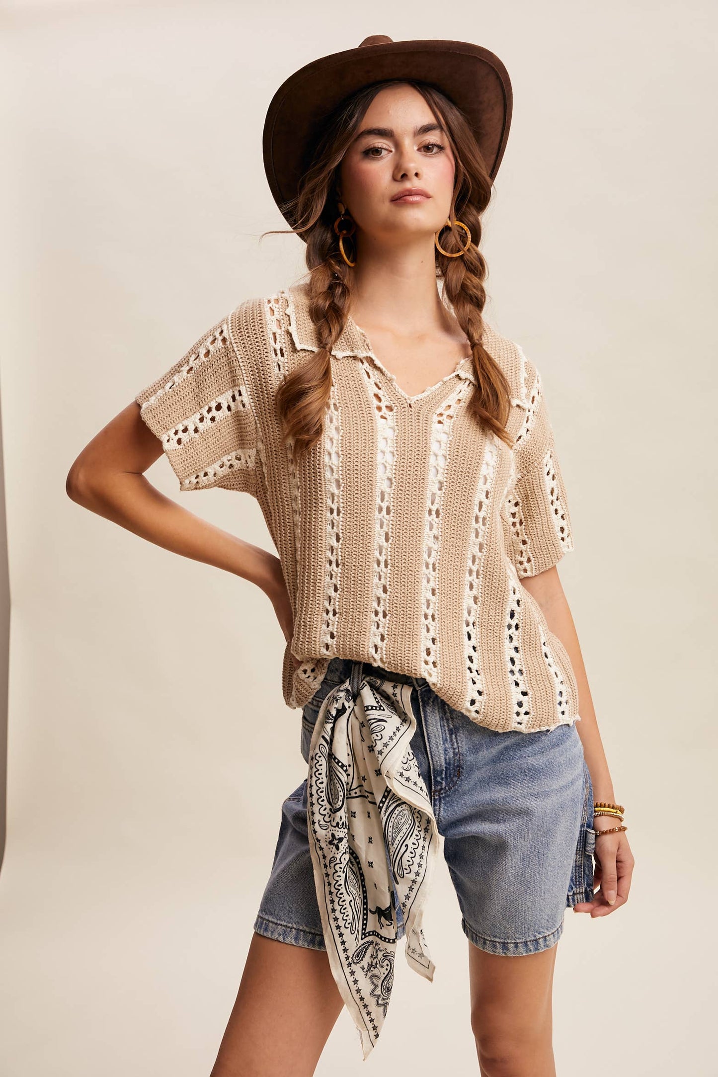 Crochet Stripe Knit Collar Top