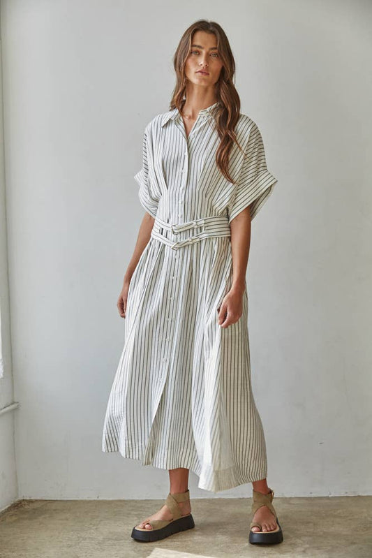 Woven Rayon Polyester Striped Shirtdress