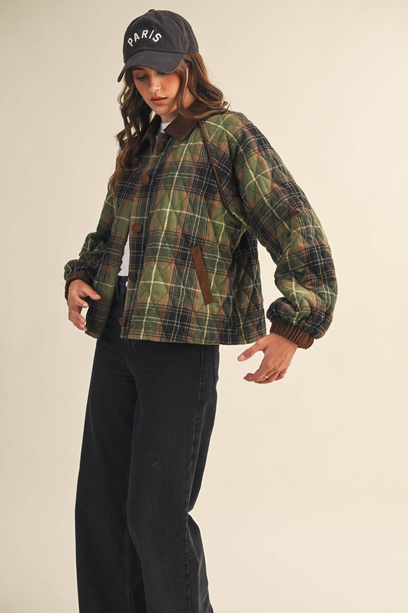 Plaid Quilted Jacket Olive