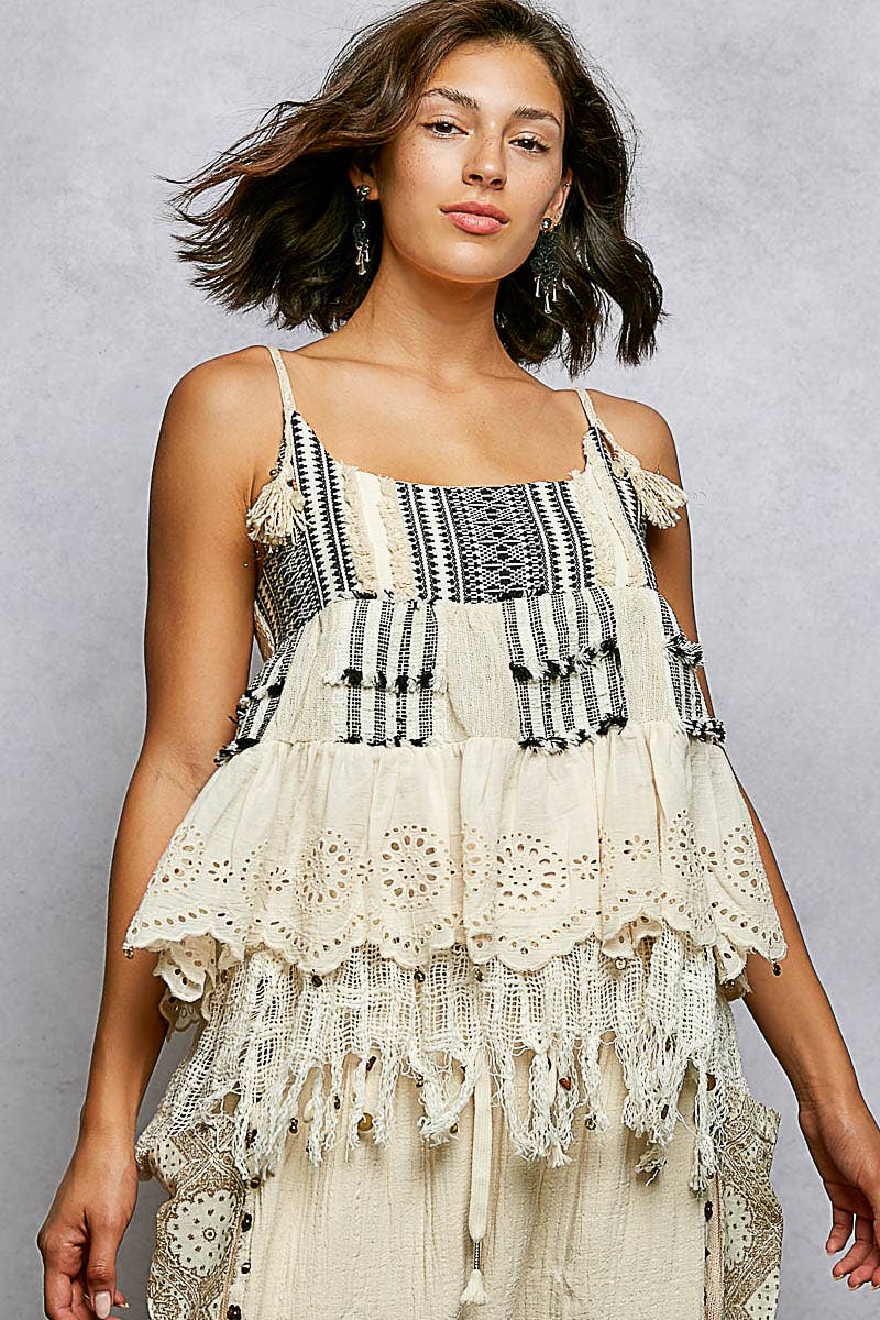 Square Neck Sleeveless Crochet Patch Plaid Eyelet Cotton Top