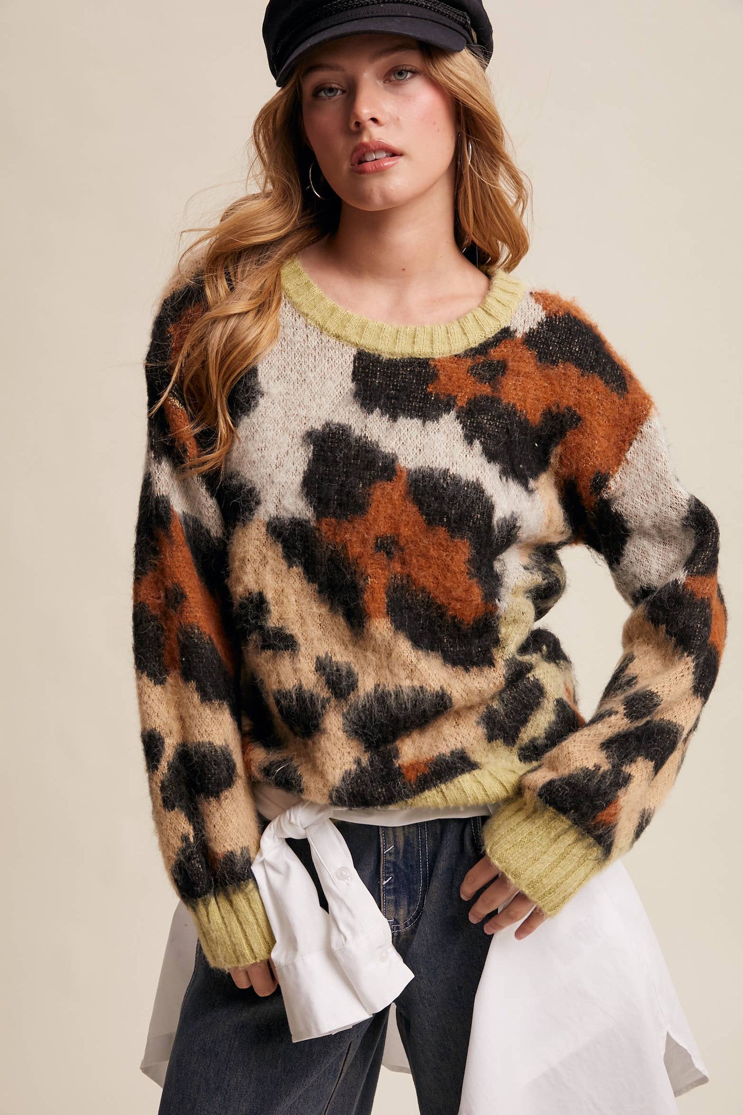 Fuzzy Abstract Leopard Knit Pullover Sweater LSW1005