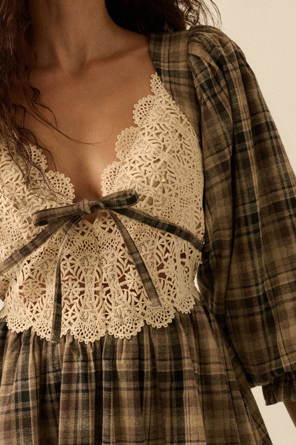 Plaid and Lace Puff-Sleeve Bubble Mini Dress