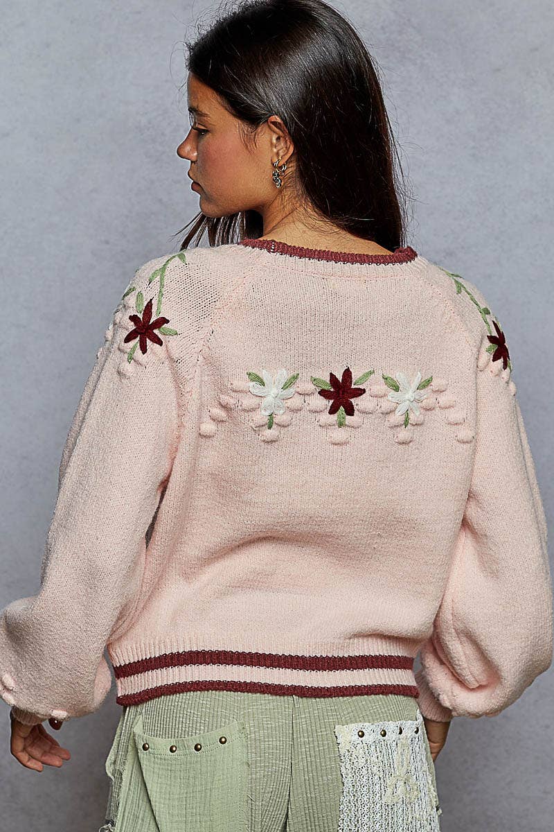 Round neck balloon sleeve floral embroidery sweater top