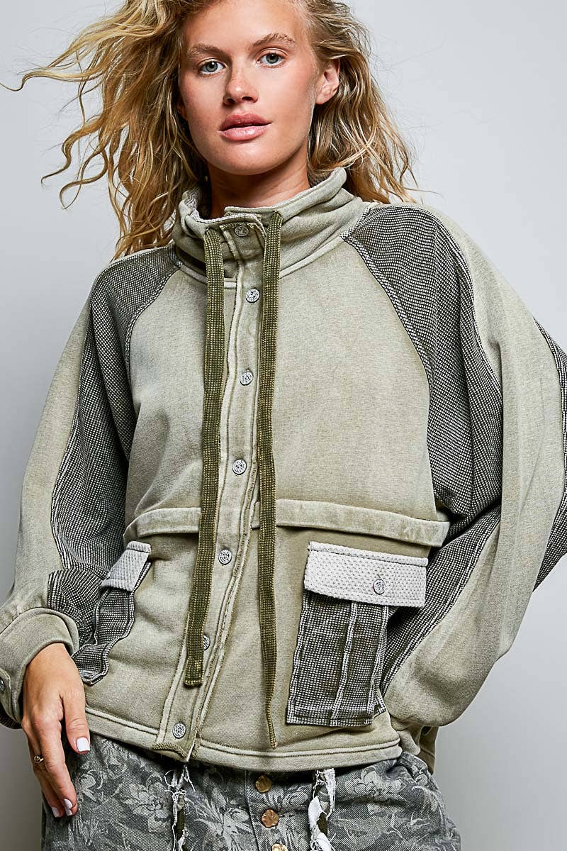 Garment Washed French Terry Jacket Olive