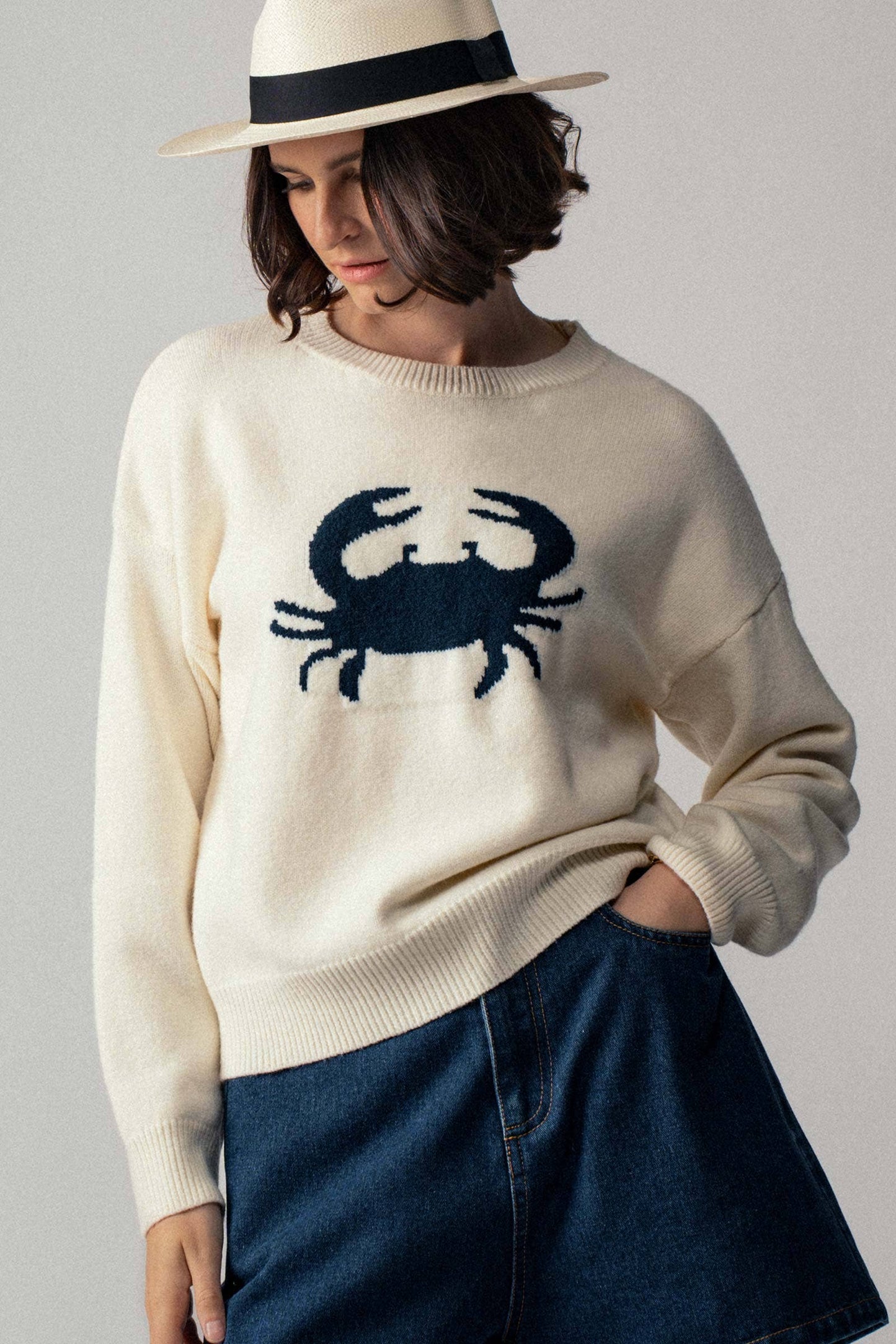 Crab Graphic Relaxed Knit Sweater ivory