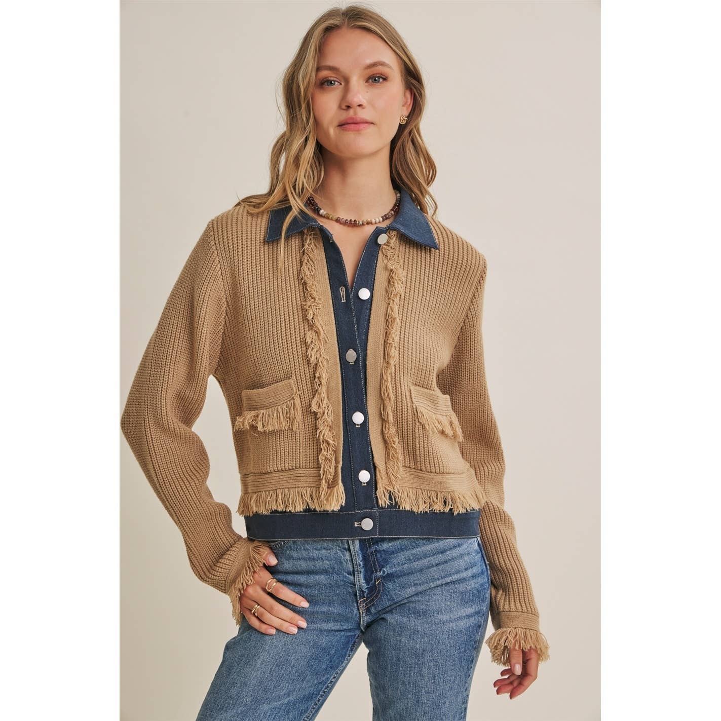 Denim  Layered Fringe Cardigan Jacket