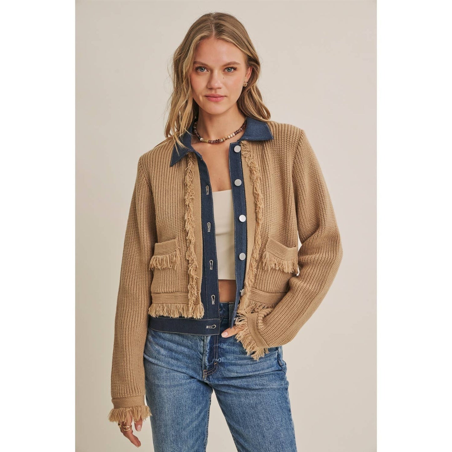 Denim  Layered Fringe Cardigan Jacket
