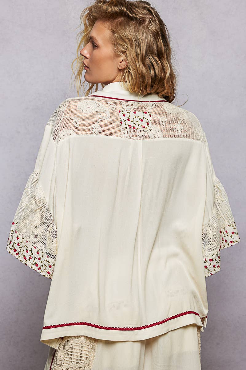 Short Sleeve Solid Floral Printed Button-Down Shirt Top