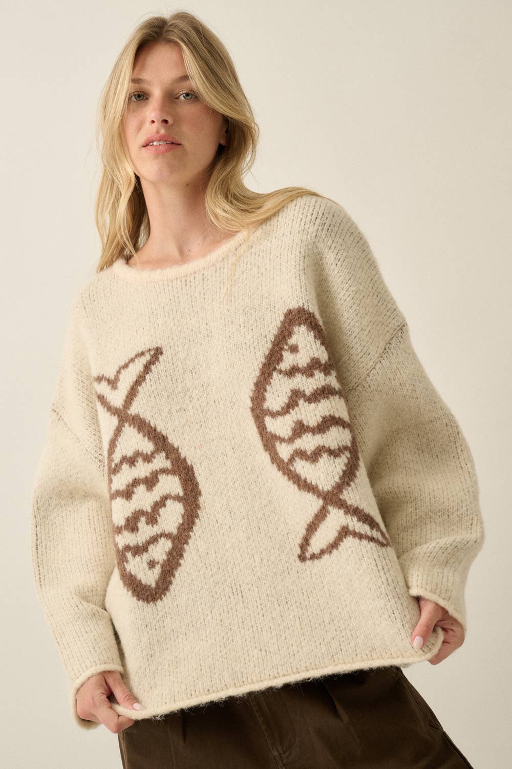Fish Jacquard-Knit Sweater Cream