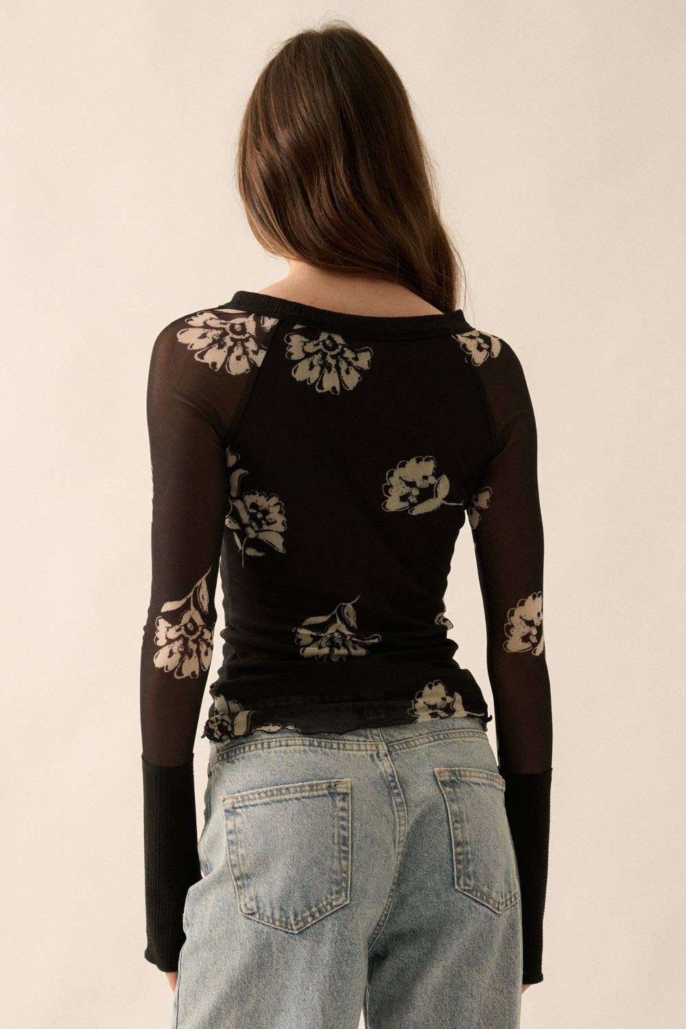 Floral-Print Mesh Henley