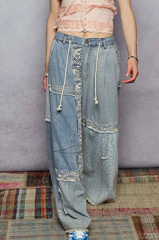 Lace-Overlay Printed Patchwork Contrast Denim Waistband Pant