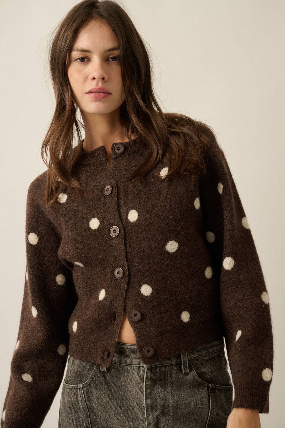 Polka Dot Crew-Neck Cropped Cardigan