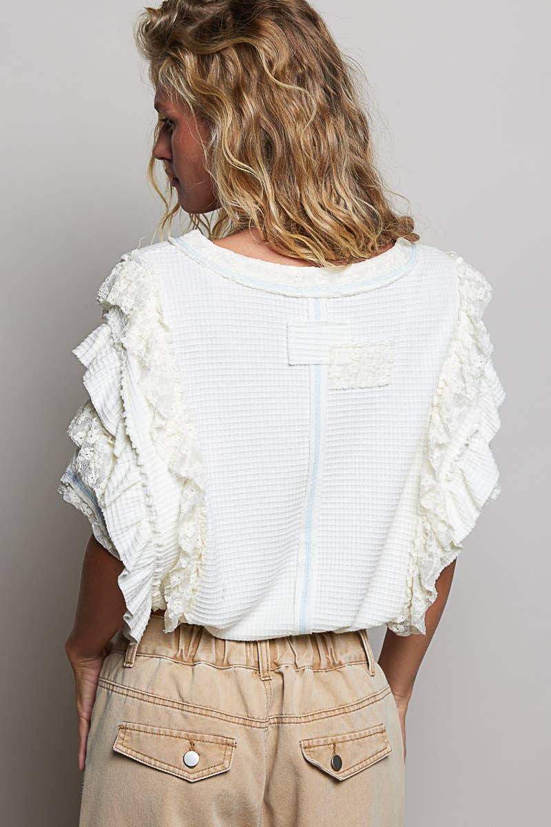 Textured Ruffle Lace Stud Top White