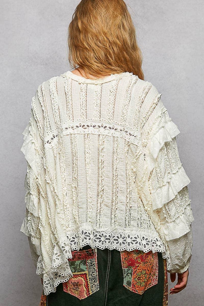 Eyelet Ruffle Raw Edge Trim Lace Solid Knit Top