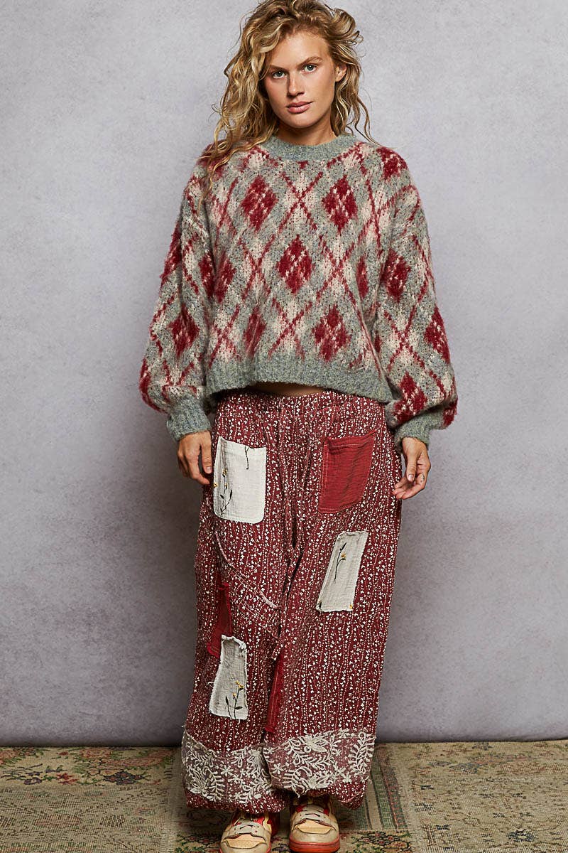 Round neck balloon sleeve Argyle mohair sweater top