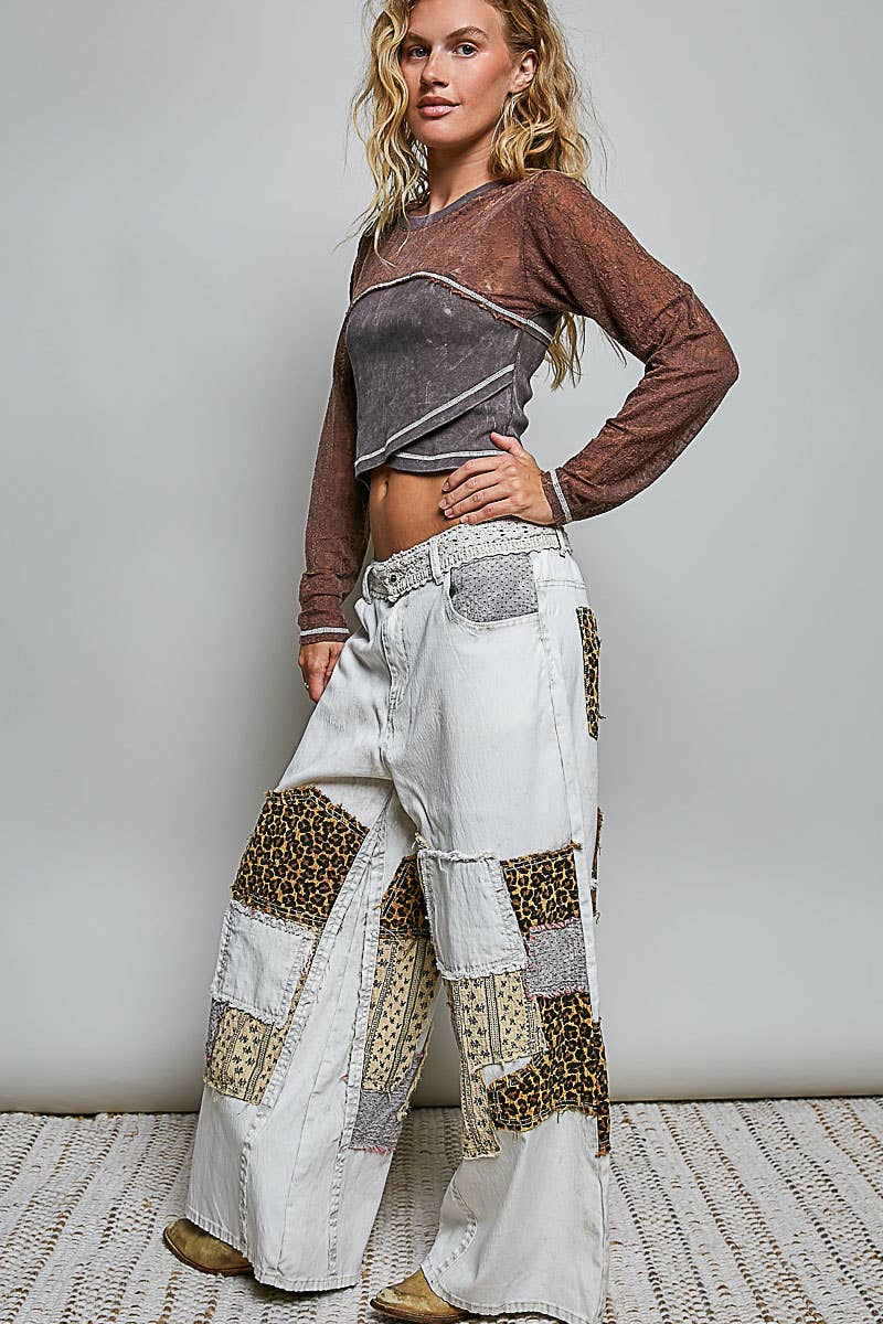 Handcrafted Vintage DIY Patchwork-Style Waistband Wide Pant