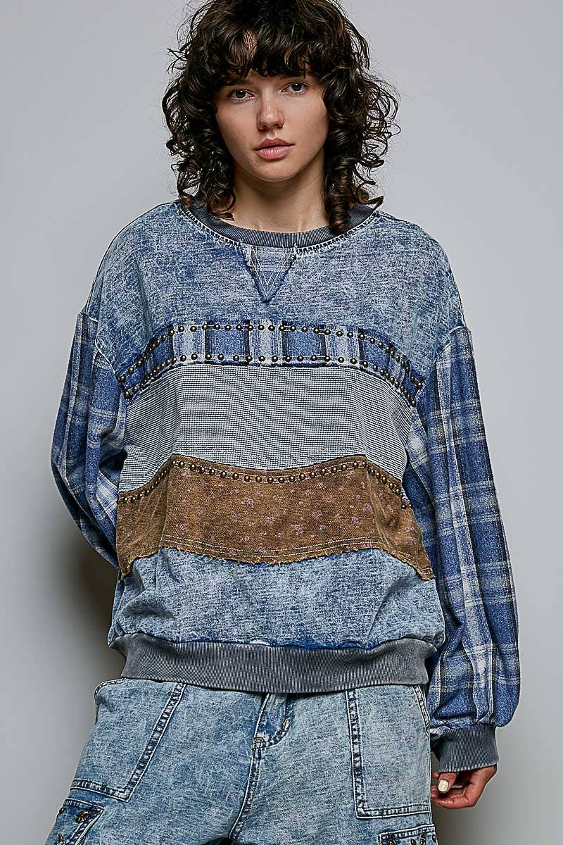 Stud French Terry Plaid Top