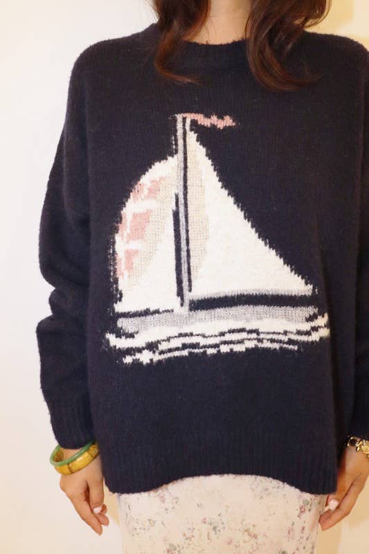 Sailboat Knit Fuzzy Sweater