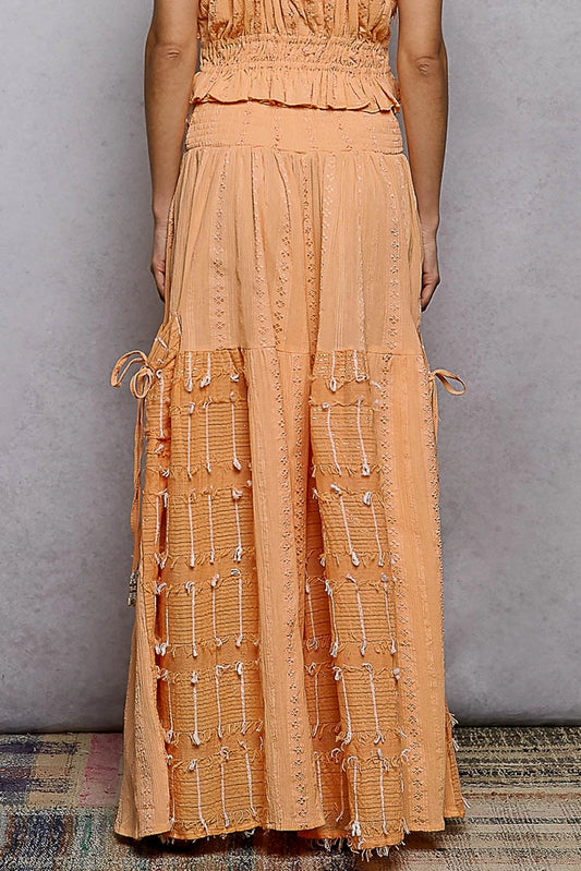 Boho Ruffle Contrast Shell Trim Wide Leg Pants coral
