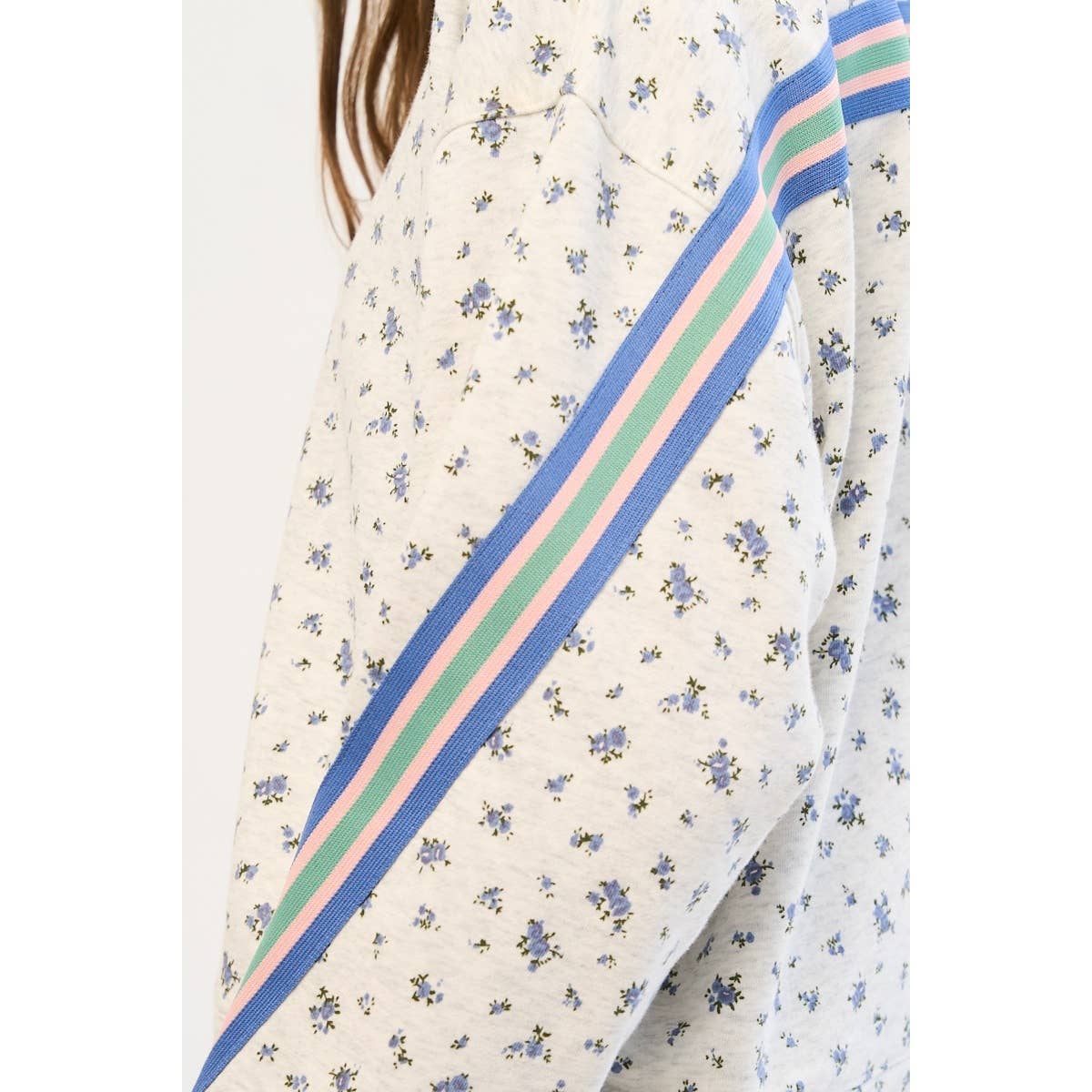 Floral Sweatshirt with Retro Striped Sleeve