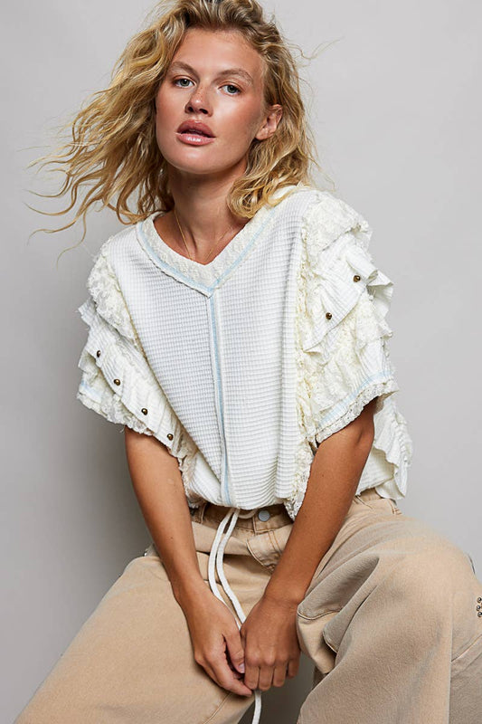 Textured Ruffle Lace Stud Top White