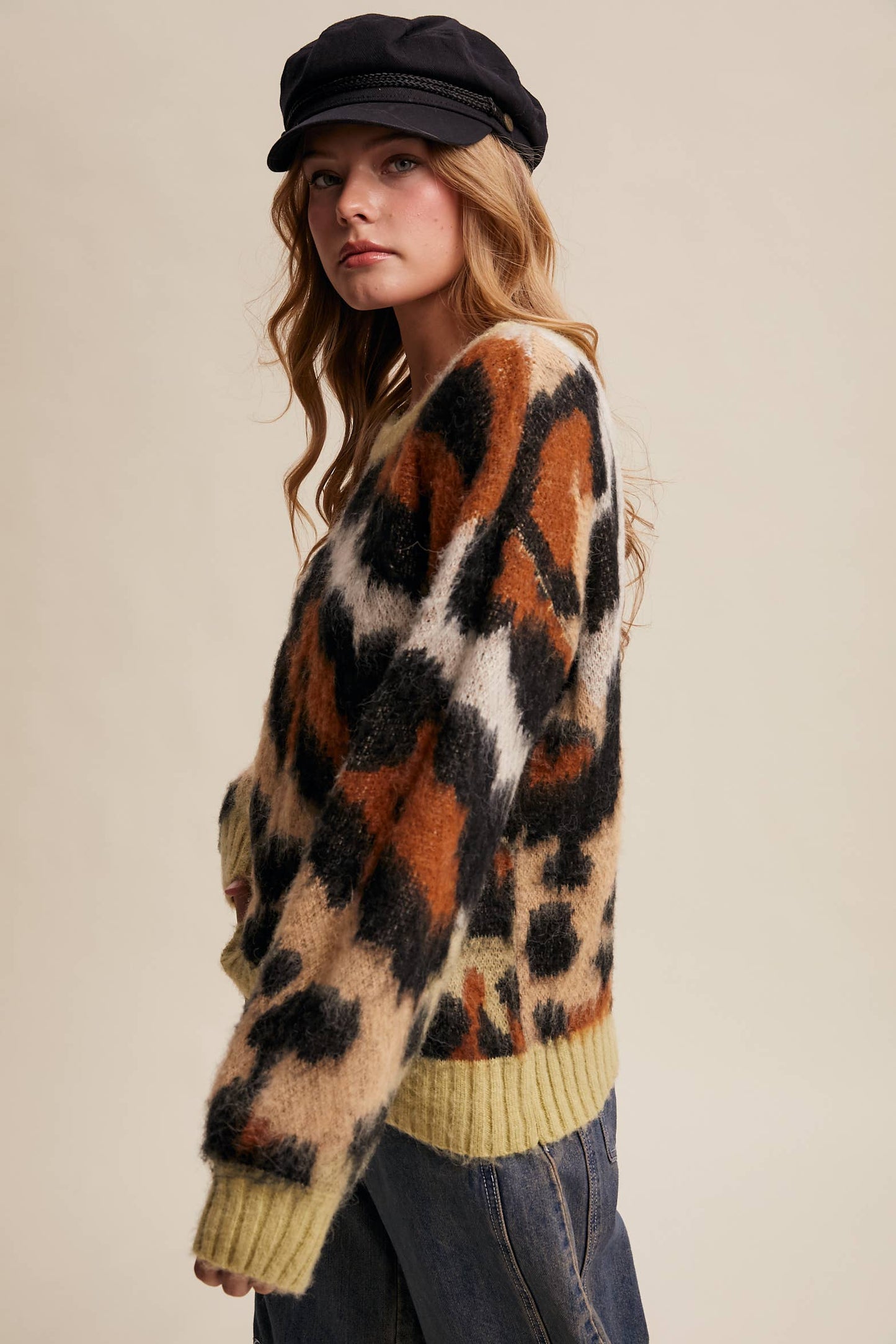 Fuzzy Abstract Leopard Knit Pullover Sweater LSW1005
