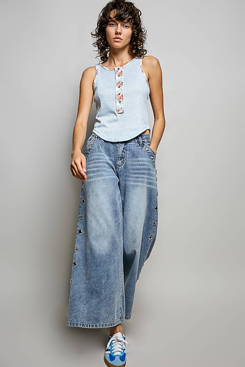 Low Rise Eyelet Studded Wide Leg Street Pants