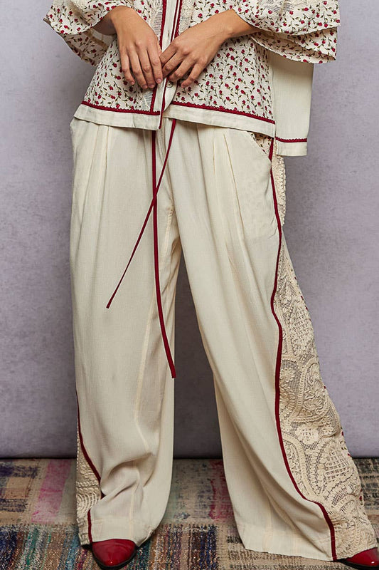 Floral Point Crochet Patch Elastic Band Wide Pants