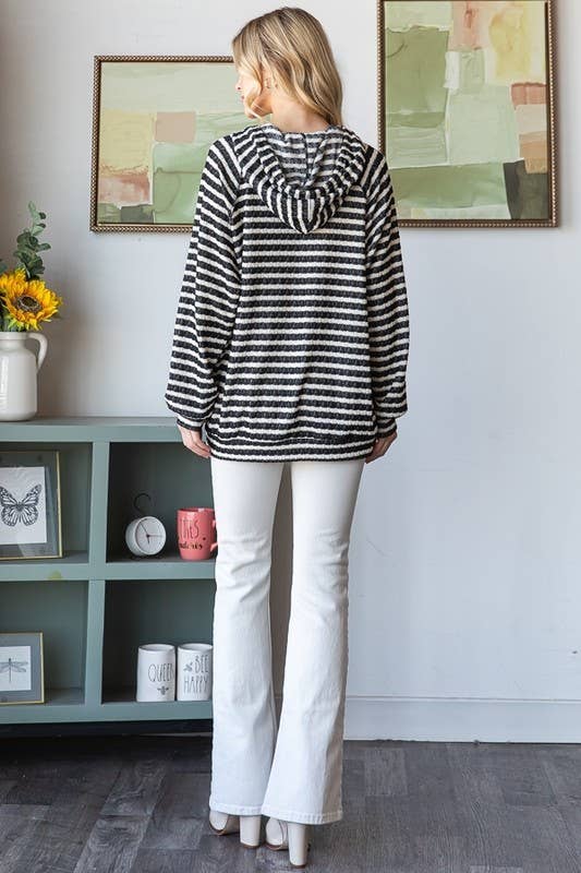 Plus Stripe Jacquard Long Puff Sleeve Hoodie Top
