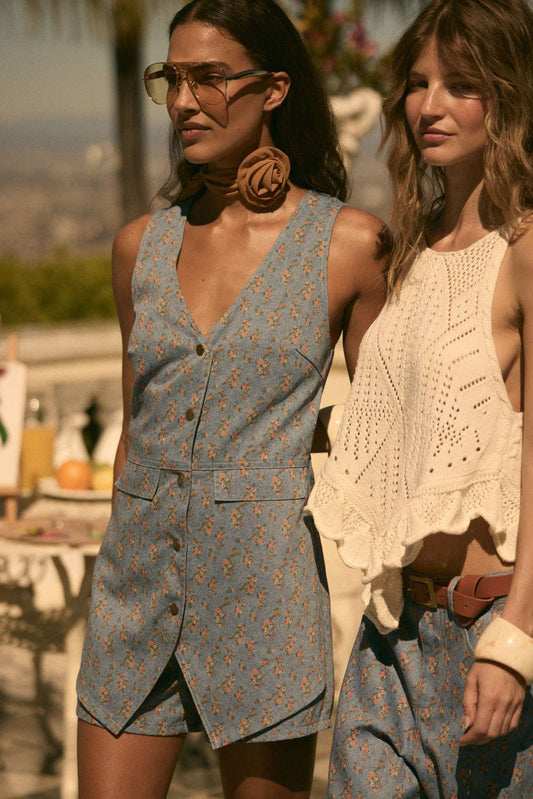 Floral-Print Denim Sleeveless Vest Romper