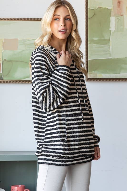 Plus Stripe Jacquard Long Puff Sleeve Hoodie Top