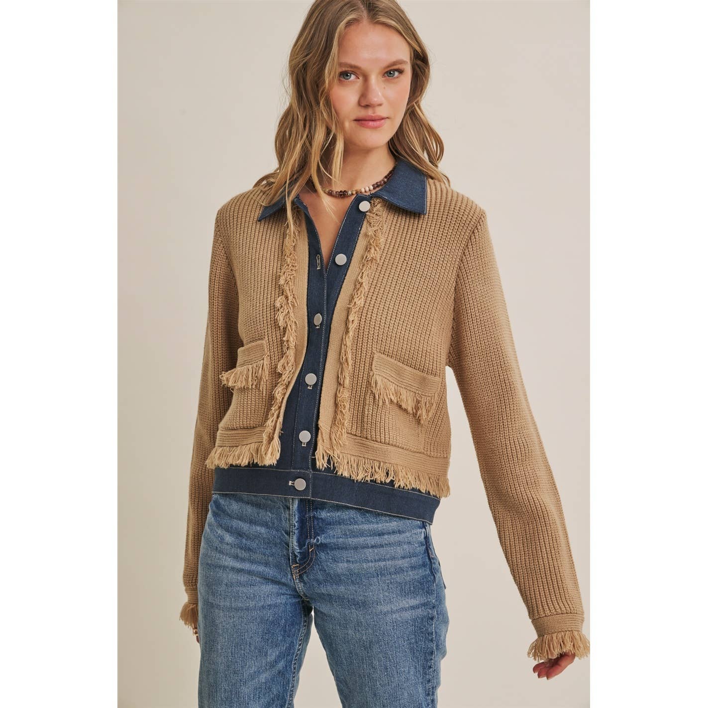 Denim  Layered Fringe Cardigan Jacket