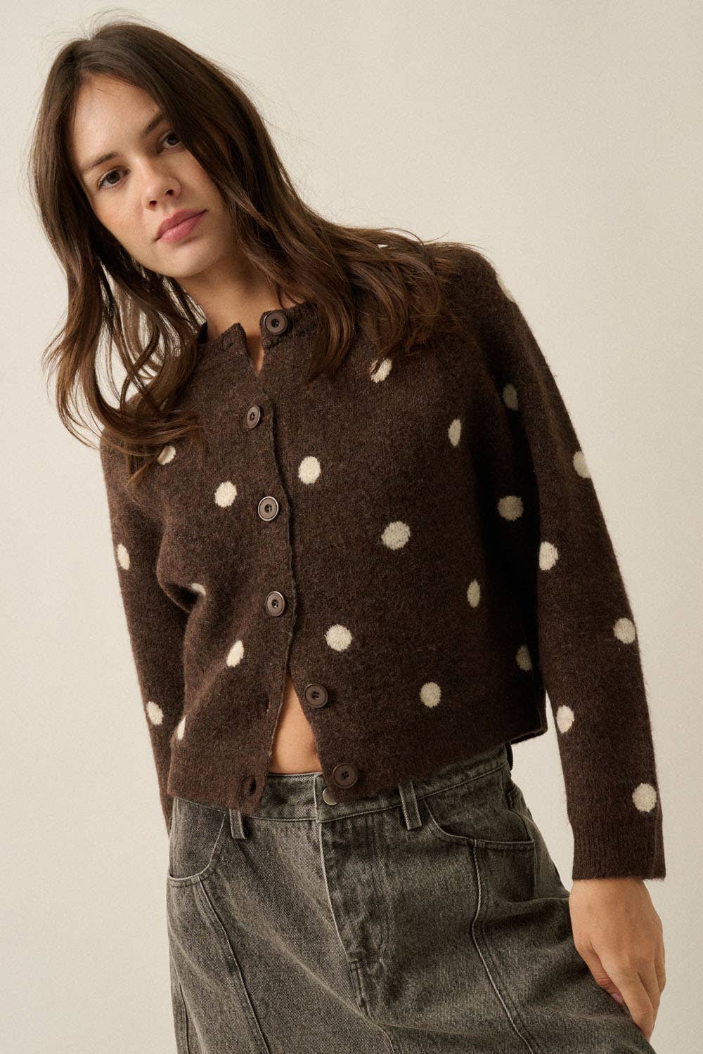 Polka Dot Crew-Neck Cropped Cardigan