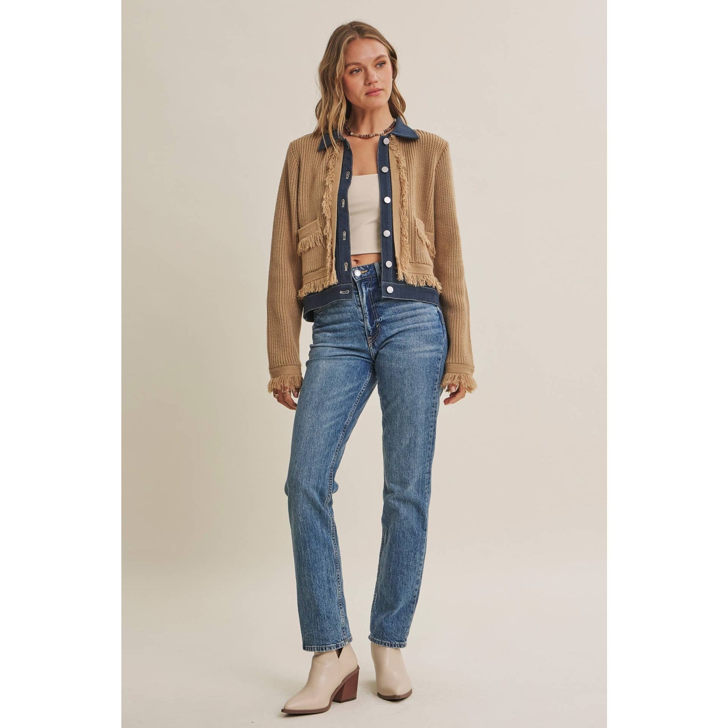 Denim  Layered Fringe Cardigan Jacket
