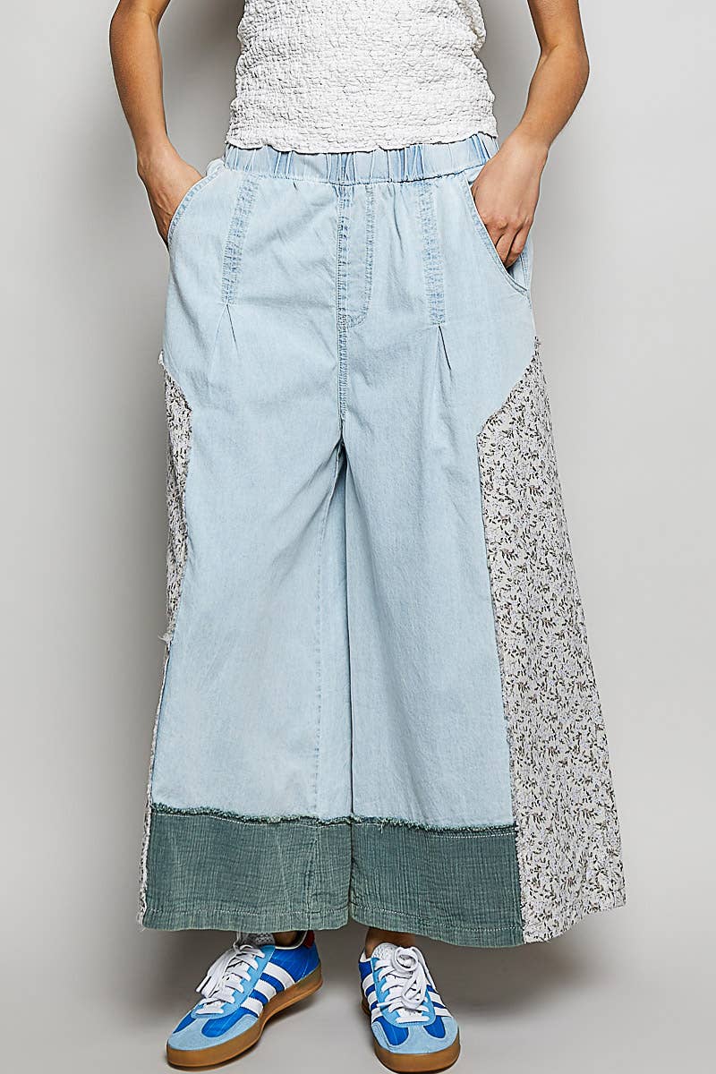 Floral Patch Elastic Waist Wide Pants