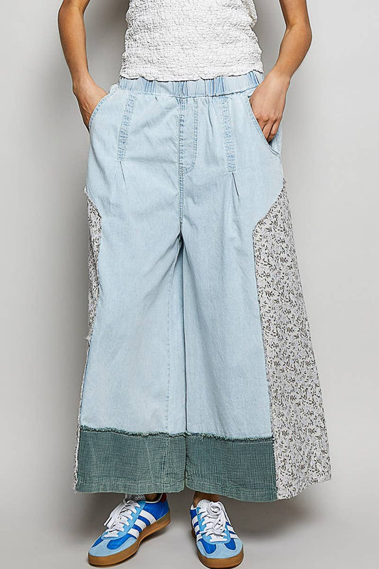 Floral Patch Elastic Waist Wide Pants