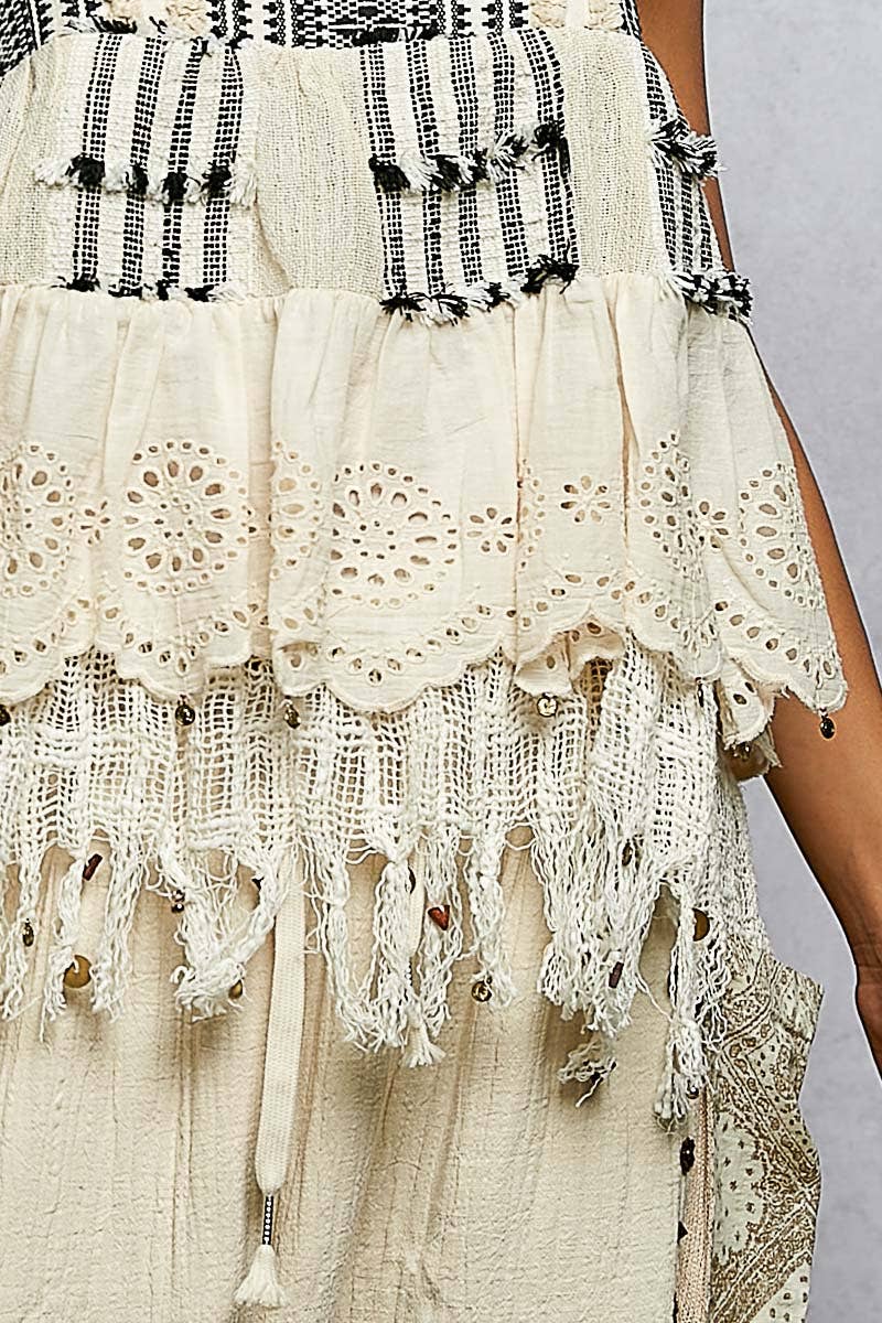 Square Neck Sleeveless Crochet Patch Plaid Eyelet Cotton Top