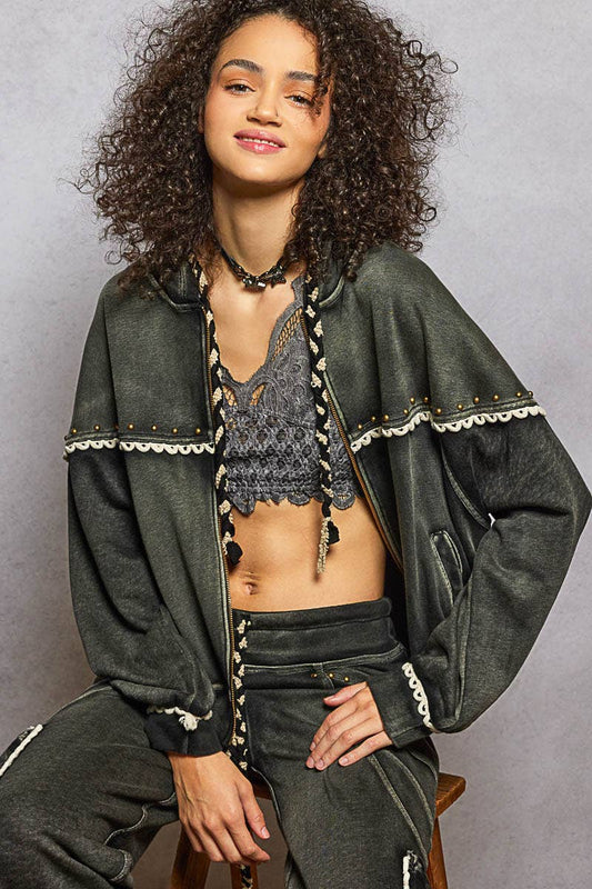 stud trim knit hooded jacket