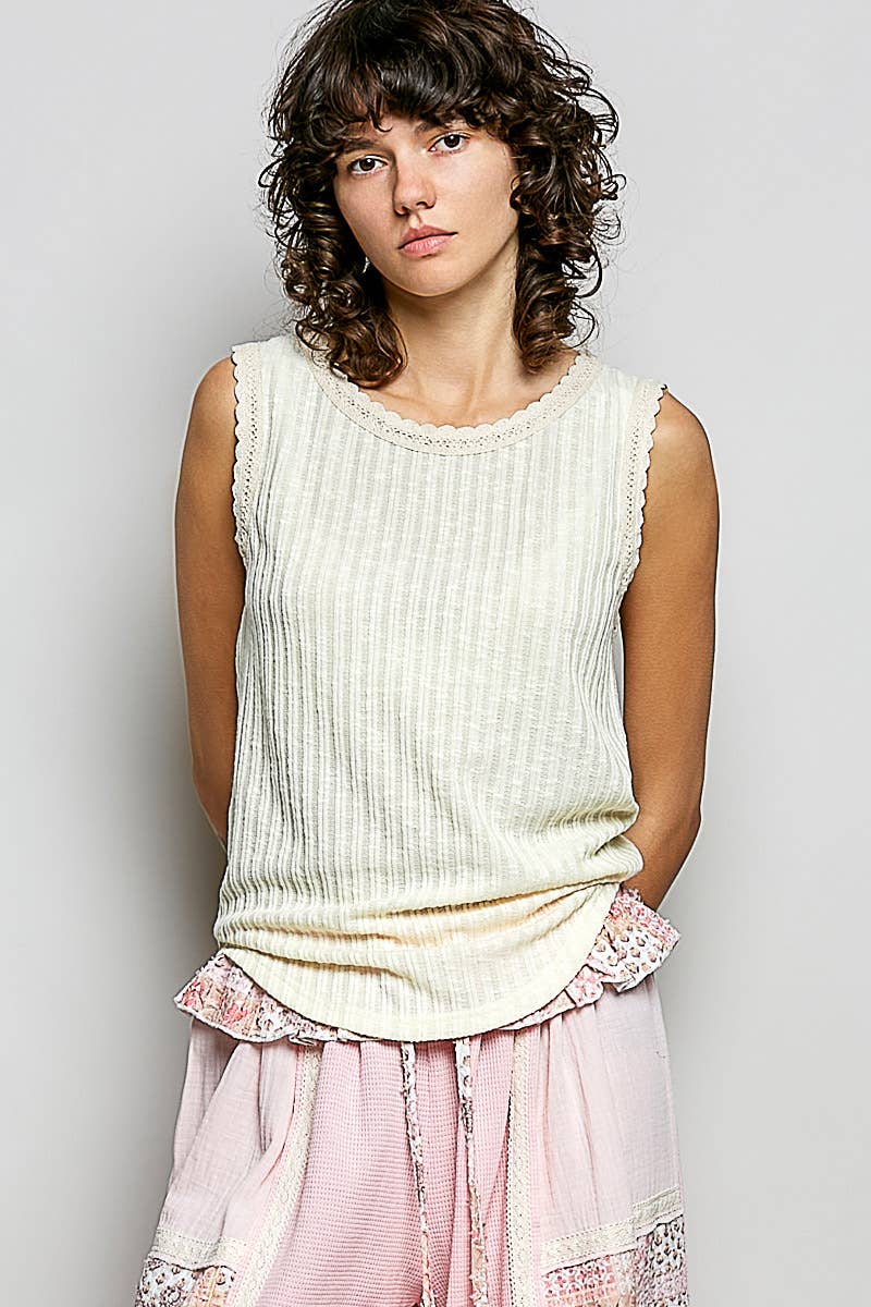 Round Neck Sleeveless Trim Neck Solid Textured Rib Knit Top