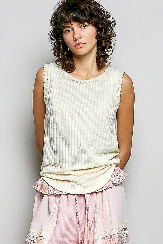 Round Neck Sleeveless Trim Neck Solid Textured Rib Knit Top