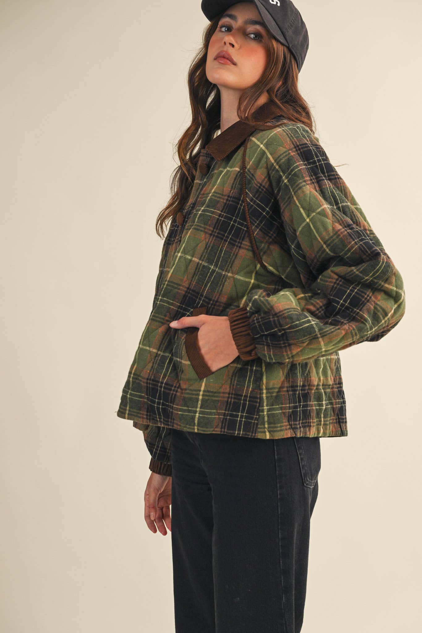 Plaid Quilted Jacket Olive