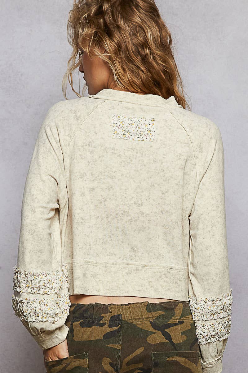 Round Neck Balloon Sleeve Solid Print Patch Knit Top