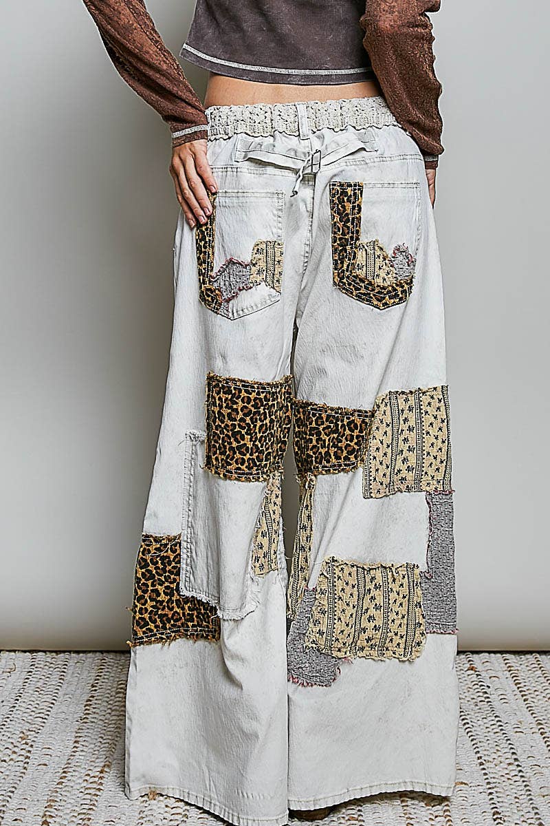 Handcrafted Vintage DIY Patchwork-Style Waistband Wide Pant