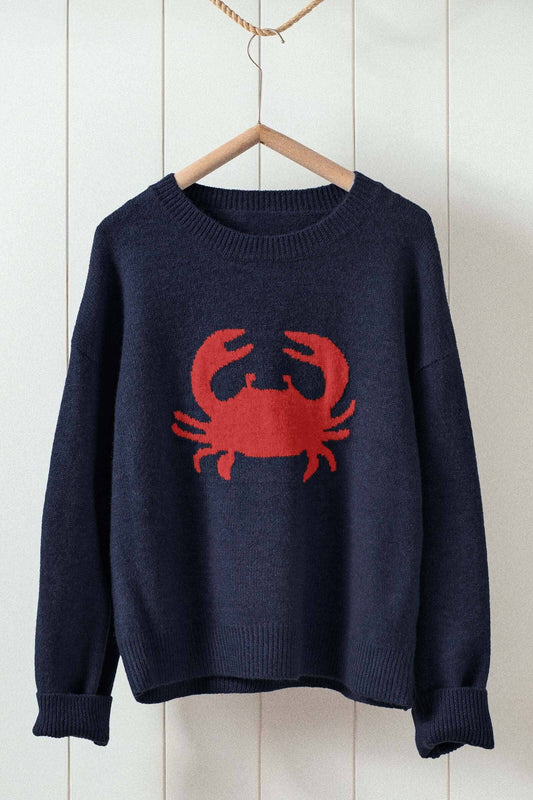 Crab Graphic Relaxed Knit Sweater Navy