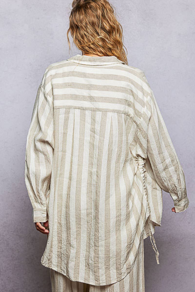 Linen Long Sleeve Side Slit Detail Stripe Shirt Top